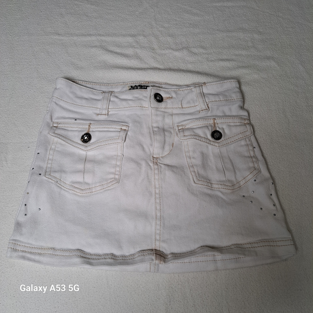 Girls' White Denim Mini Skirt with Pocket & Stud Detail